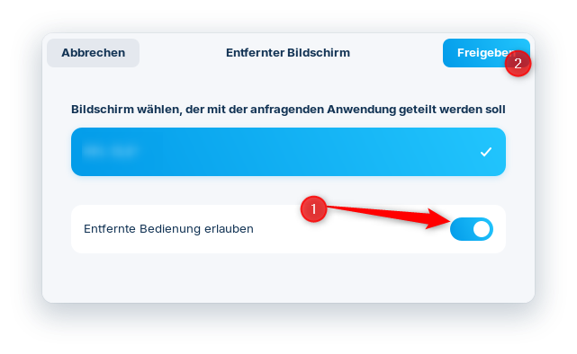 Screenshot aus Zorin OS 17.3 Pro, Aufforderung zur Bildschirmfreigabe wobei die Punkte Entfernte Bedienung erlauben und der Button Freigeben mit 1 und 2 markiert wurden.