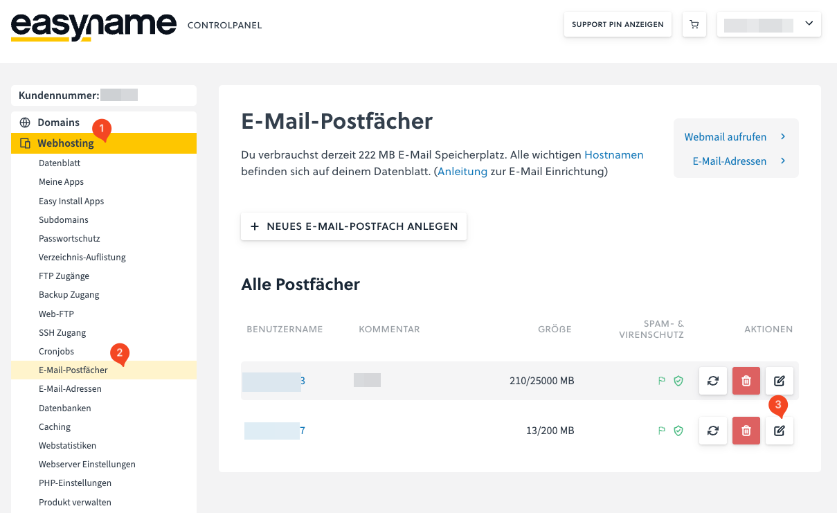 Postfachgröße im Controlpanel ändern