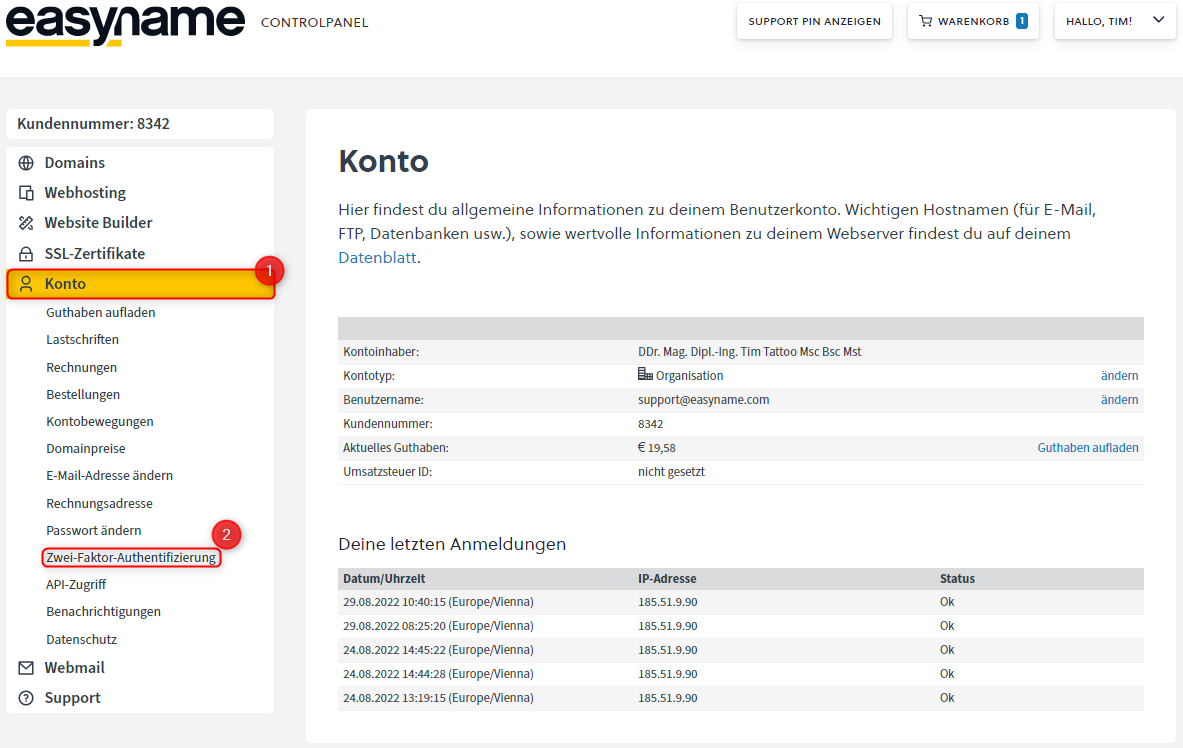 Zwei-Faktor-Authentifizierung im Controlpanel öffnen