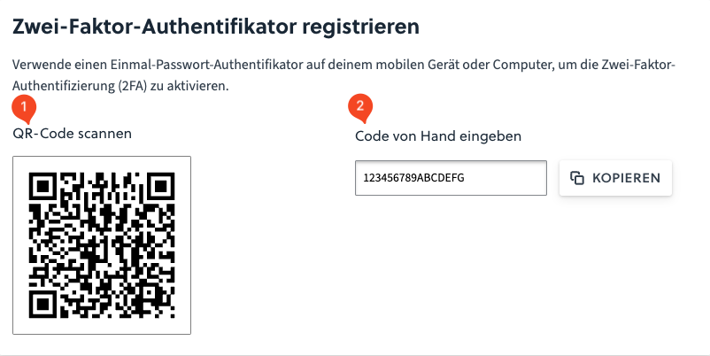 QR-Code und manueller 2FA-Code