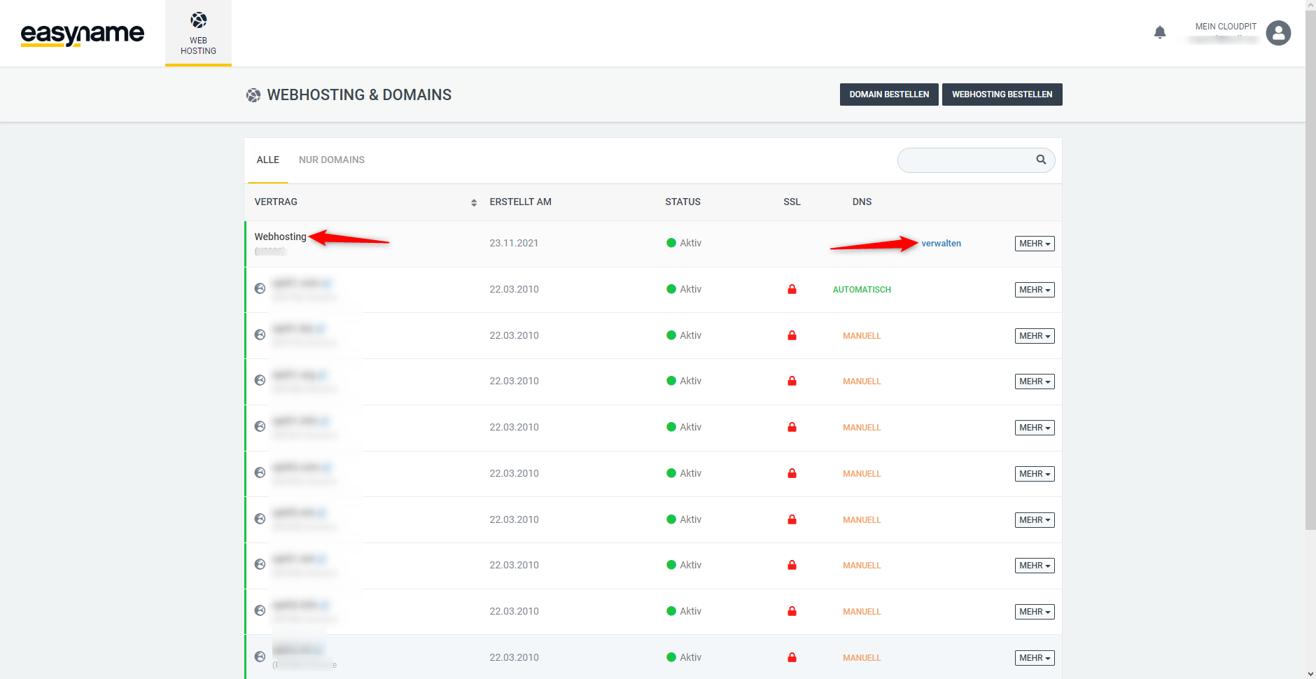 Webhosting im CloudPit verwalten