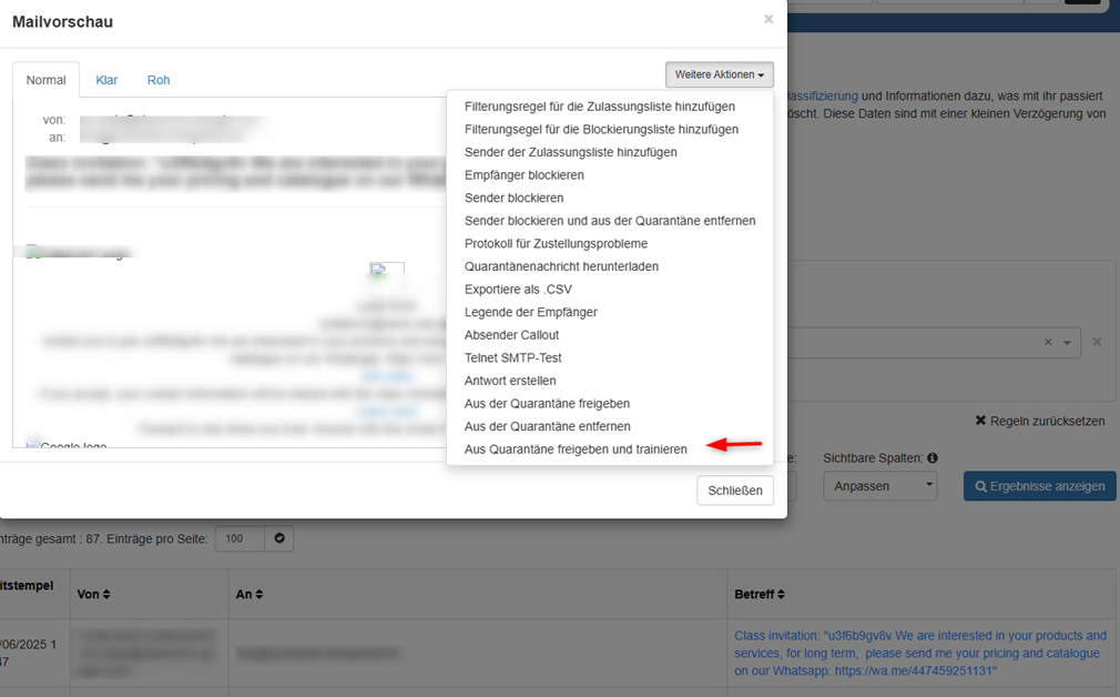 Spamquarantäne in Spam Control