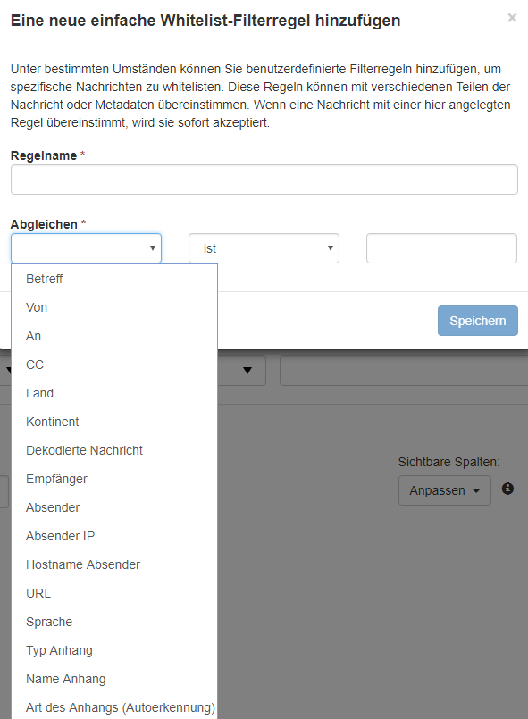 Whitelist Filterregeln in Spam Control