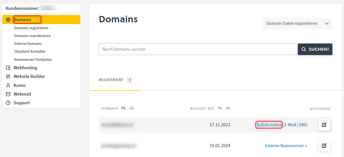 Subdomain-Verwaltung im easyname Controlpanel öffnen