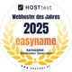 Runder Aufkleber mit HOSTtest-Logo, Text 'Webhoster des Jahres 2025', 'easyname' und Lorbeerkranz.