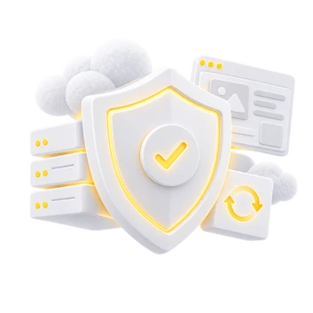 3D-Illustration eines weißen Schilds mit gelbem Rand und Haken, Wolke, Serverracks und Dokumenten-Icons.