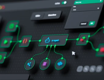 Dunkler Bildschirm mit Netzwerkdiagramm: zentrale blaue Box verbunden durch grüne Linien zu runden Knoten.