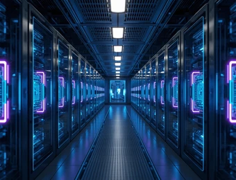 Langgezogener Datenzentrumskorridor mit beidseitig stehenden Serverracks, blaue Neon-LEDs und reflektierenden Metalloberflächen.