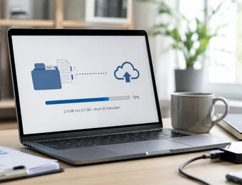 Laptop auf Schreibtisch zeigt Fortschrittsbalken (72%) einer Cloud-Dateiübertragung; daneben Tasse, Notizblock und Kabel.