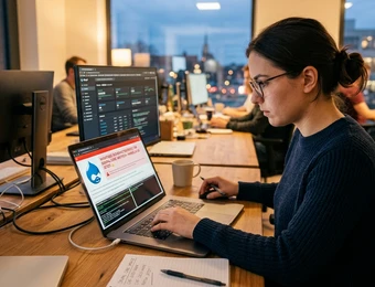 Person mit Brille sitzt am Laptop, Code im Display, Notizblock daneben, Büro mit Monitoren.