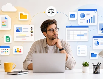 Mann mit Brille sitzt am Laptop, am Schreibtisch, umgeben von Icons, Diagrammen, Pflanzen und einer Tasse.