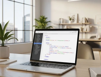 Laptop auf hellem Holzschreibtisch in Büro; Computerbildschirm zeigt Code; Fenster, Pflanzen und Regale im Hintergrund.
