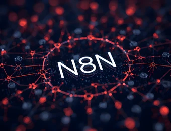 Dunkler Hintergrund mit rotem Netz aus Linien und Knoten; zentrales weißes N8N.