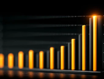 Schwarzer Hintergrund; eine Reihe orangefarbener Balken steigt von links nach rechts an, größer werdend.
