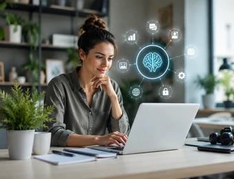 Eine Frau sitzt an einem Laptop am Schreibtisch; über dem Bildschirm schwebt eine holografische Gehirn-Icon-Sammlung mit Symbolen.