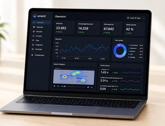 Offener Laptop auf Holztisch; Dashboard mit Diagrammen und Grafiken, linke Seitenleiste, Pflanze im Hintergrund.