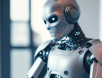 Ein humanoider Roboter aus Metall mit leuchtend blauen Augen steht vor einem Laptop; Fenster im Hintergrund.