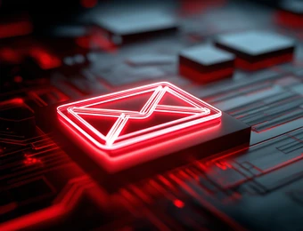 Rotes Neon-E-Mail-Symbol auf einer Leiterplatte mit Schaltkreisen.