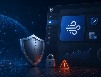 Globale blaue Netzwerkkugel links, Schild mit Riss, Schloss, Warnsymbol und Dashboard mit Sicherheits-Icons rechts.