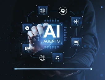 Hand tippt auf leuchtende KI-Schnittstelle mit AI AGENTS, umgeben von Icons vor dunklem Hintergrund.