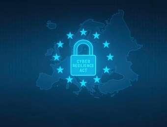 Leuchtendes Vorhängeschloss über einer Europakarte, umgeben von EU-Sternen; Text: CYBER RESILIENCE ACT