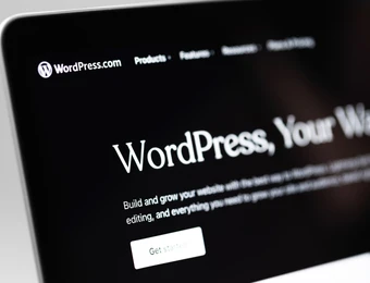 Nahaufnahme eines Computerbildschirms mit WordPress-Website: großer Text WordPress, Your Way und ein weißer Button Get started.
