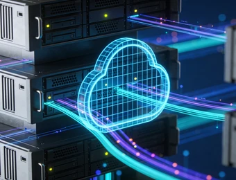 Mehrere Serverracks in einem Rechenzentrum; eine leuchtend blaue Wolke mit Rastermuster, von Kabeln umgeben.