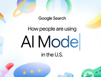 Weißer Hintergrund mit bunten abstrakten Formen; Text: Google Search, How people are using AI Model in the U.S.