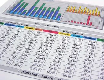 Nahaufnahme eines Dokuments mit Tabellen, Zahlenwerten und bunten Balken- und Säulendiagrammen auf Papier.
