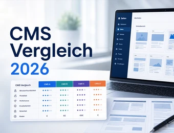 Laptop mit geöffnetem Dashboard, dazu CMS Vergleich 2026-Plakat und Vergleichstabelle mit Sternen; Stift liegt auf dem Tisch.