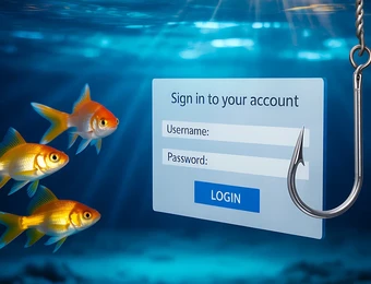 Unterwasser-Szene: drei orange Goldfische links, rechts ein Formular mit Username/Password und blauem LOGIN-Button; Angelhaken
