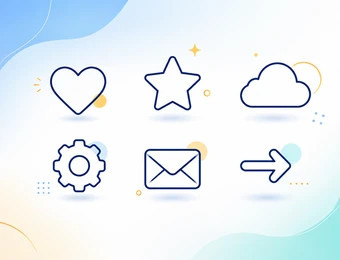Icons: Herz, Stern, Wolke, Zahnrad, Briefumschlag, Pfeil rechts vor hellblauem Verlauf.