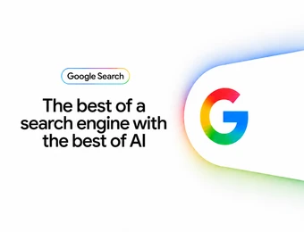 Weißer Hintergrund; links Google Search-Logo, schwarzer Text The best of a search engine with the best of AI, rechts farbiges G.