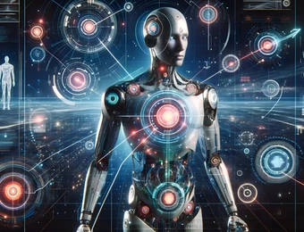 Ein humanoider Roboter mit metallischem Körper, umgeben von leuchtenden Kreisen, Linien und holographischen UI-Elementen.