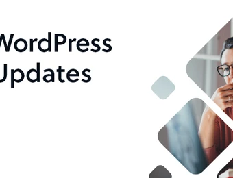 Linke Seite: Text 'WordPress Updates'; rechts eine Frau mit Brille, umgeben von grafischen Diamantenformen.