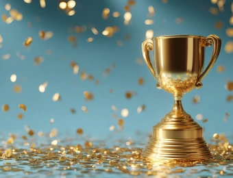 Goldener Pokal mit zwei Henkeln auf einem gerippten Sockel, Konfetti fällt vor blauem Hintergrund.