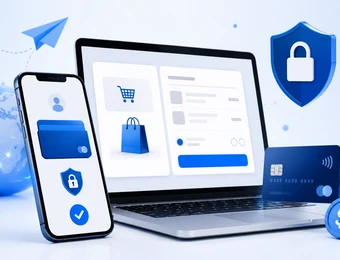 Laptop zeigt ein Shopping-Layout; Smartphone mit Apps; Kreditkarte, Globus, Schild-Icon und Münzen.