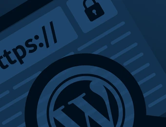 Webbrowserfenster mit https://, Schloss-Symbol oben rechts, zentriertes WordPress-W in Kreis, dunkelblauer Hintergrund.