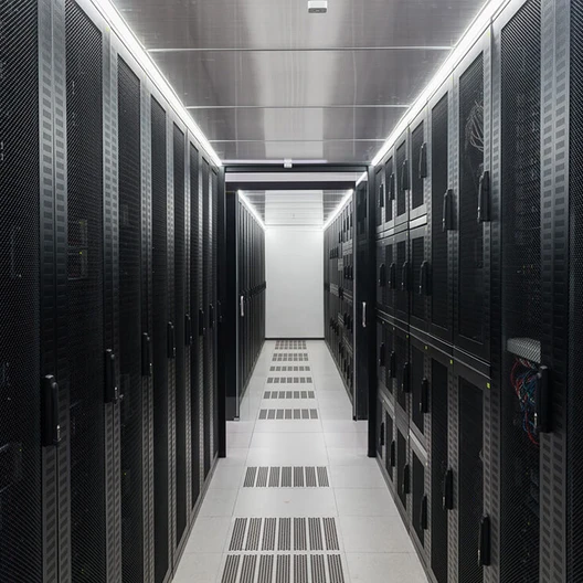 Serverraum mit Rack-Schränken rechts und links, Kabel, heller Gang, Deckenbeleuchtung.