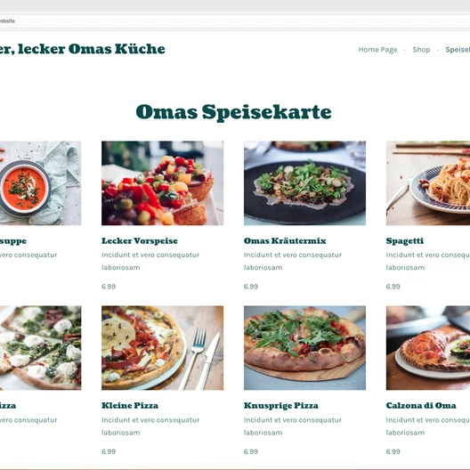 Webseite mit der Überschrift 'Omas Speisekarte' zeigt acht Gerichtfotos in einer Rastergalerie.