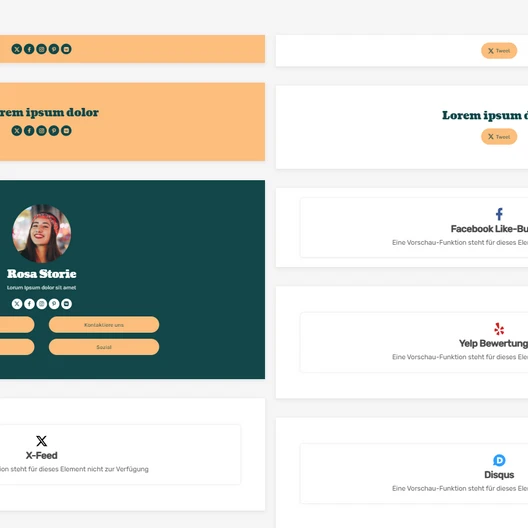 Zwei Spalten Kartenansicht: links Profilkarte mit Bild und Name Rosa Storie; rechts weiße Karten mit Platzhaltertext.