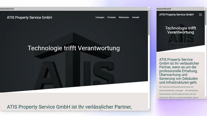 Webseite der ATIS Property Service GmbH mit dem Slogan 'Technologie trifft Verantwortung' vor dunklem Hintergrund.