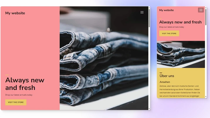 Zwei Website-Mockups: links pinkem Block mit 'Always new and fresh' und Jeansfoto; rechts ähnliche Layout-Varianten.