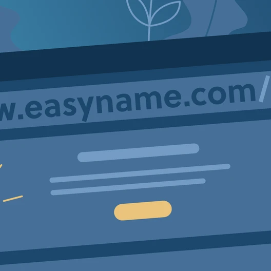 Bildschirm mit der URL www.easynname.com/blog, Textzeilen, gelber Knopf und Glühbirne; abstrakte Blätter im Hintergrund.