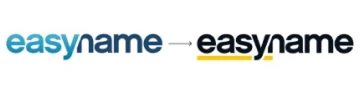 Zwei Logos mit dem Text 'easyname': Links blau, rechts schwarz mit gelber Unterstreichung; Pfeil dazwischen.