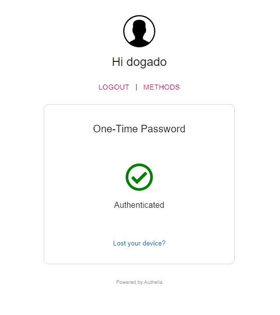 Profil-Symbol oben, 'Hi dogado'; Logout | Methods; Karte 'One-Time Password' mit grünem Haken, 'Authenticated'