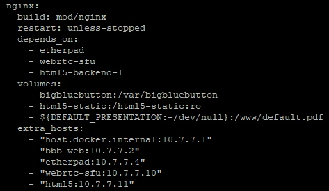 YAML-Docker-Compose: nginx-Service mit Build: mod/nginx, Restart: unless-stopped, depends_on, volumes und extra_hosts.