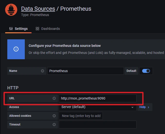 Screenshot einer Grafana-Einstellungsseite für Prometheus-Datenquelle; URL http://mon_prometheus:9090 ist eingetragen.