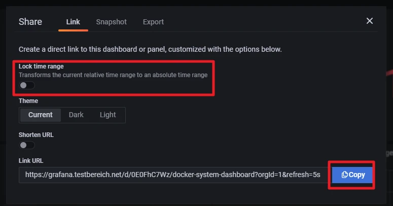 Grafana-Share-Dialog: 'Lock time range' mit Hinweis; Copy-Button unten rechts.
