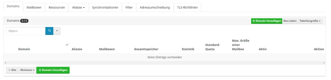 Screenshot einer Domain-Verwaltungsoberfläche mit Suchfeld, Tabs und Tabellenkopf; grüner Button unten links.
